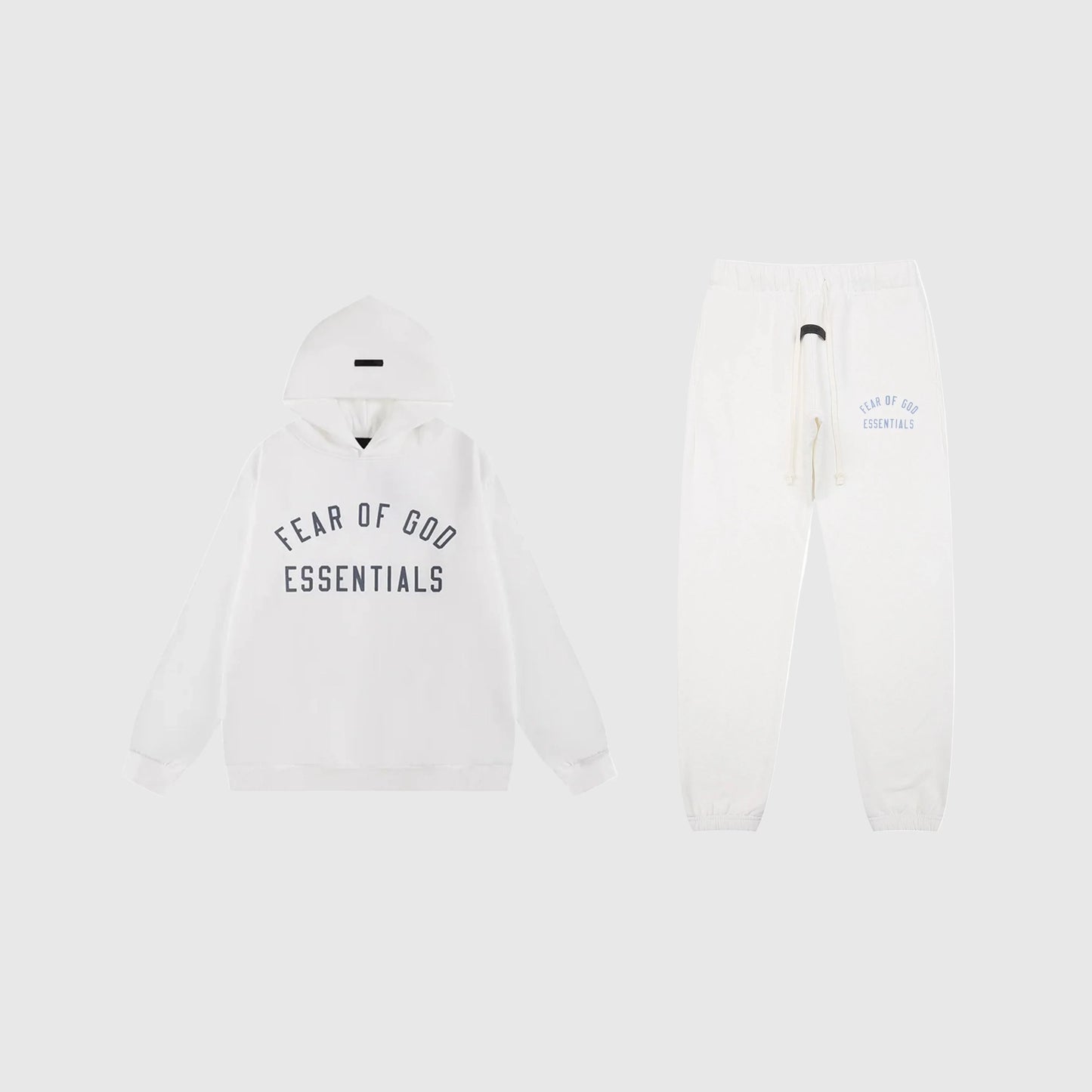 Essentials eggshell core fleece tracksuit front view by Fear Of God