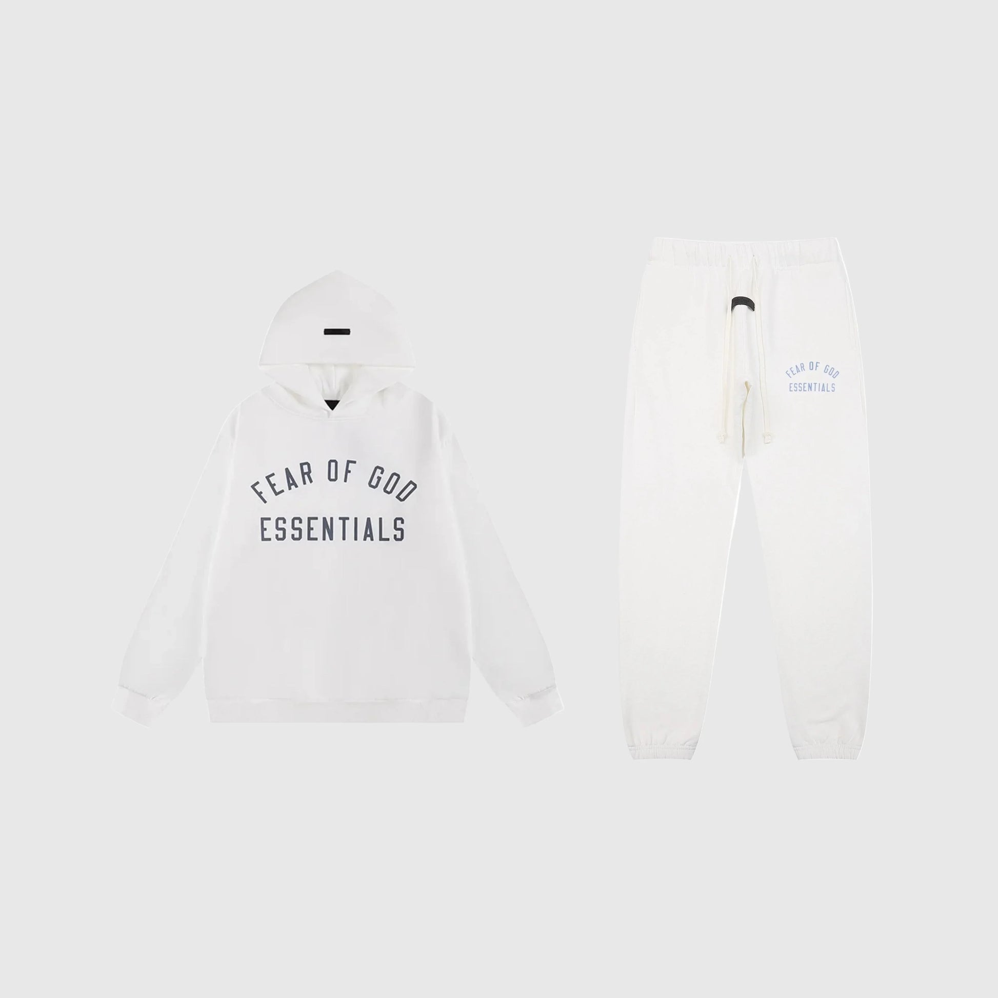Essentials eggshell core fleece tracksuit front view by Fear Of God