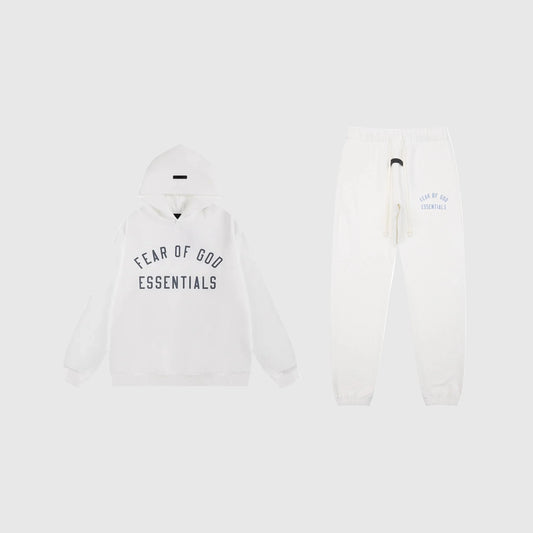 Essentials eggshell core fleece tracksuit front view by Fear Of God