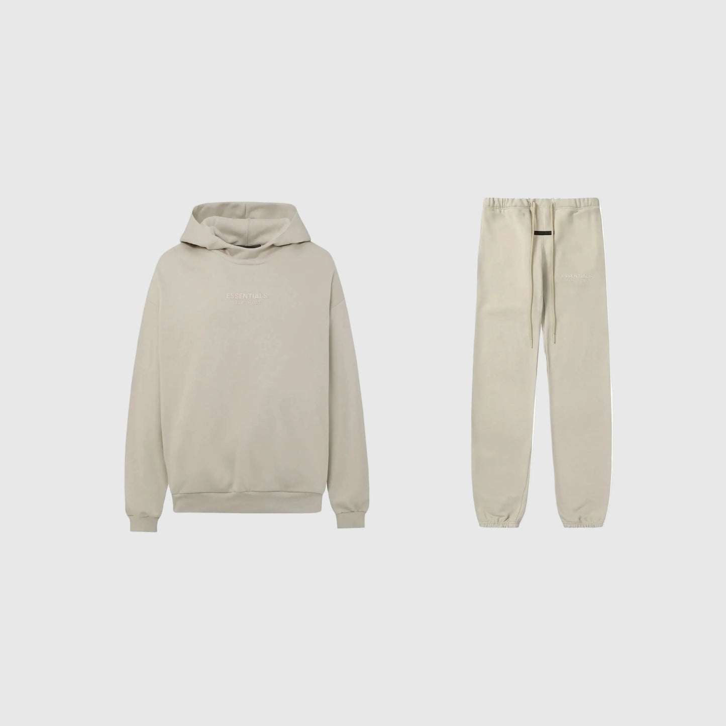 Fear of God Essentials heathered grey tracksuit front view hoodie and joggers