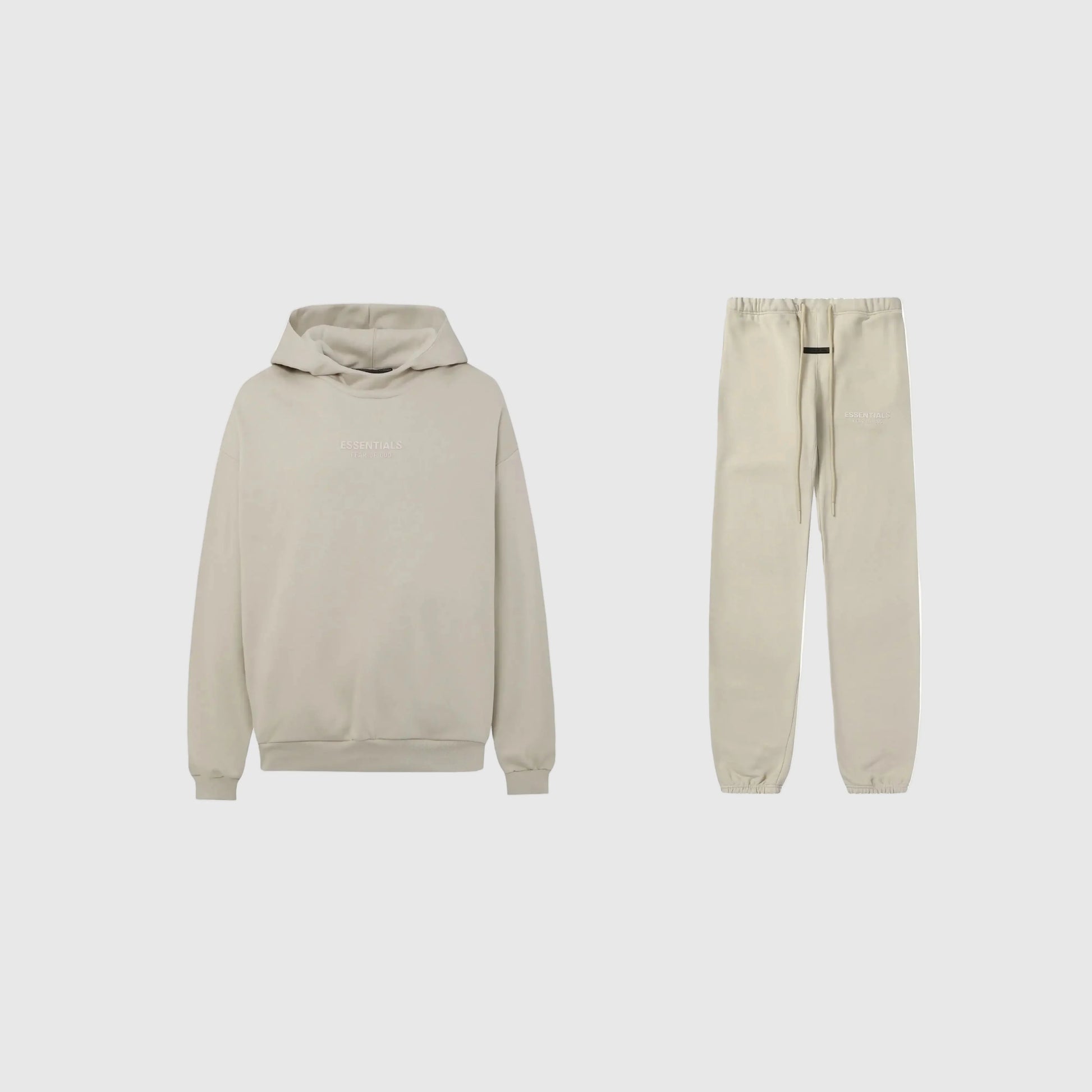 Fear of God Essentials heathered grey tracksuit front view hoodie and joggers