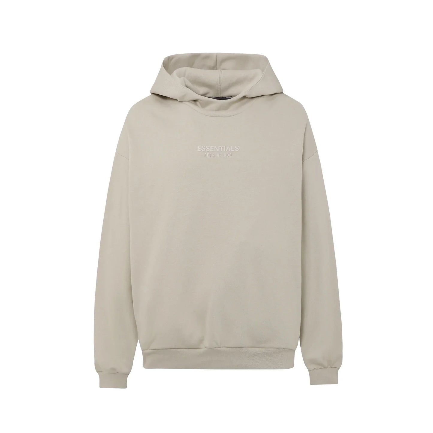 Heathered grey Essentials hoodie center front rubberized black bar branding detail