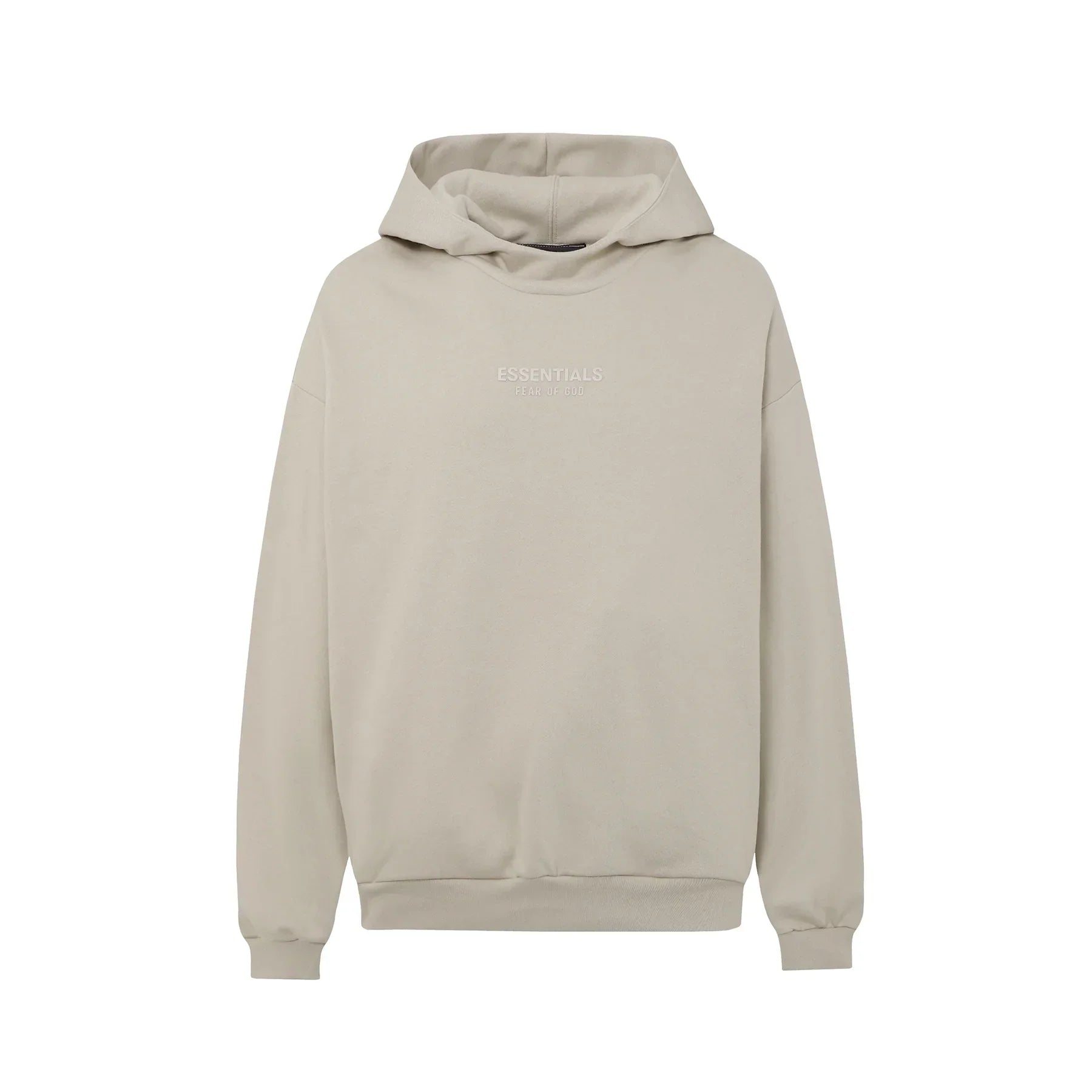 Heathered grey Essentials hoodie center front rubberized black bar branding detail