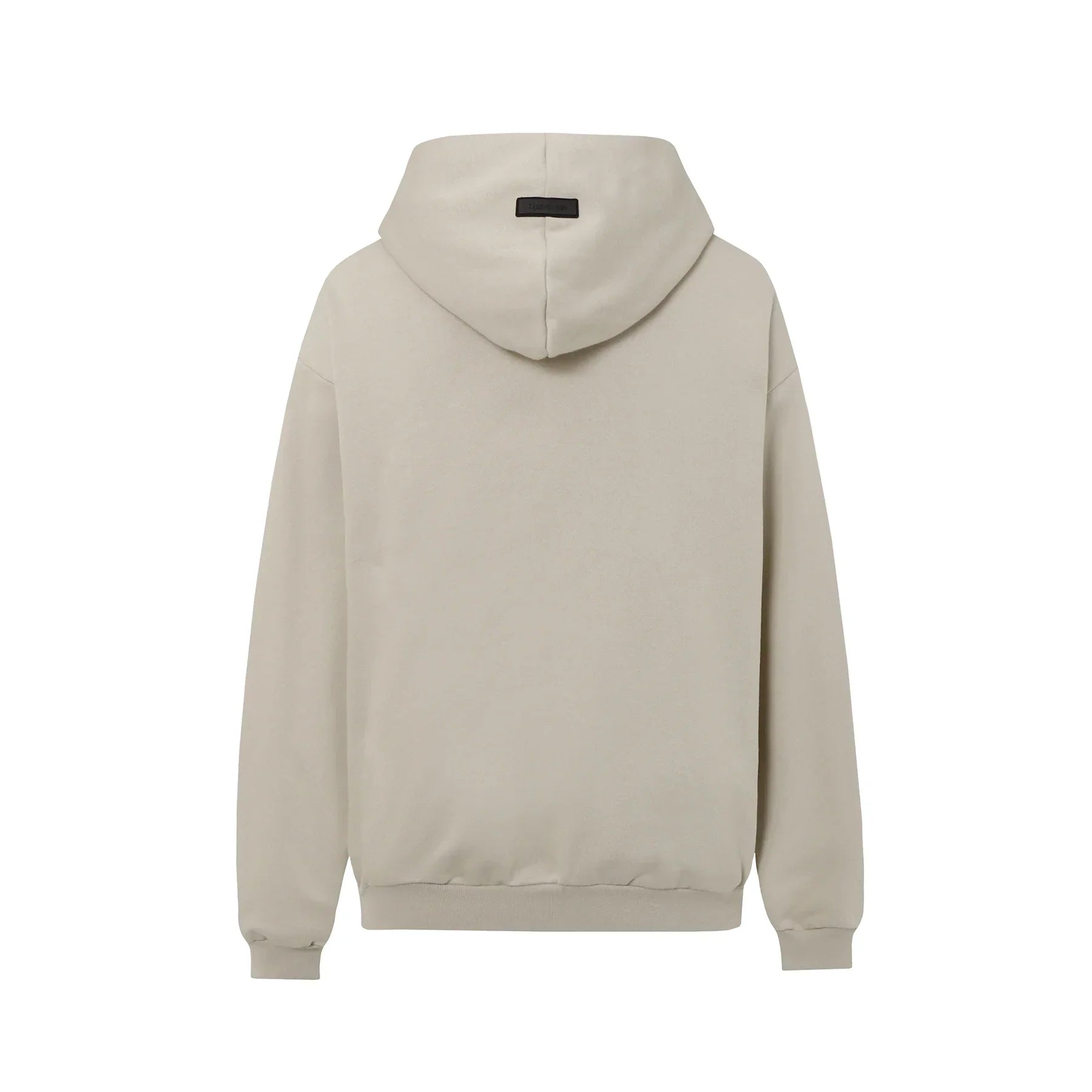 Heathered grey Essentials hood rubberized label detail close-up