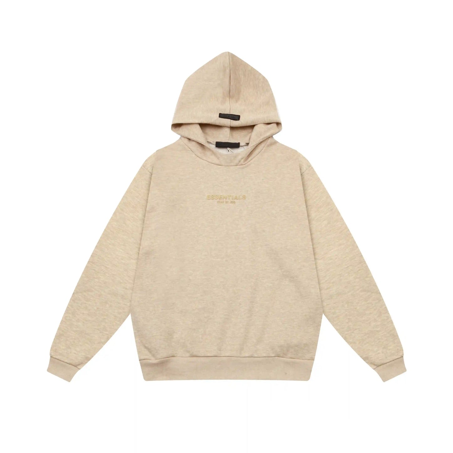 Calm shell Essentials hoodie center front rubberized black bar branding detail