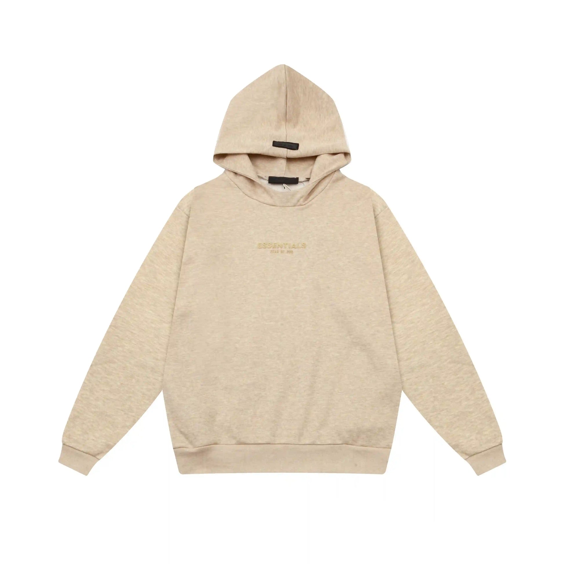 Calm shell Essentials hoodie center front rubberized black bar branding detail