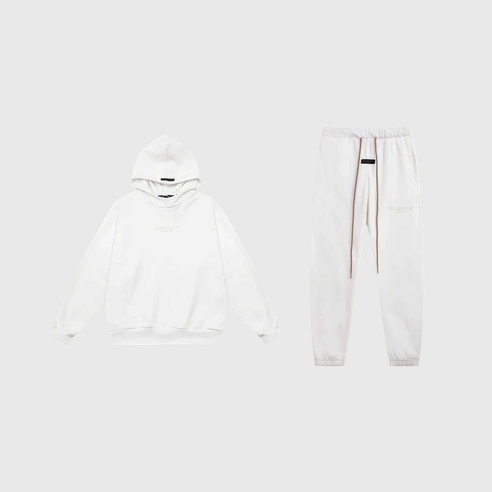 Fear of God Essentials eggshell tracksuit front view hoodie and joggers