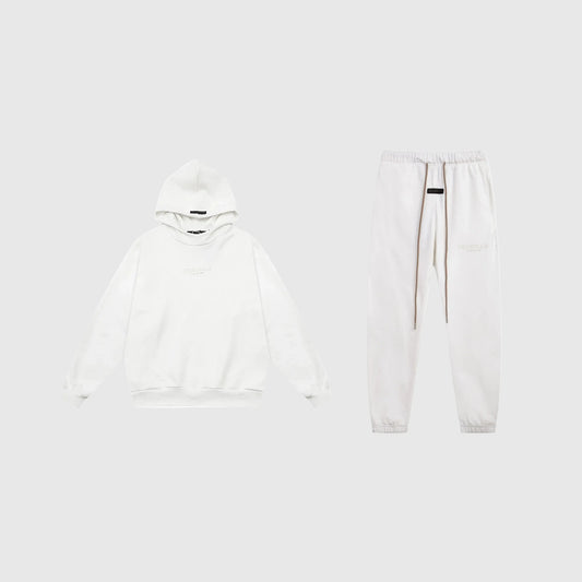 Fear of God Essentials eggshell tracksuit front view hoodie and joggers