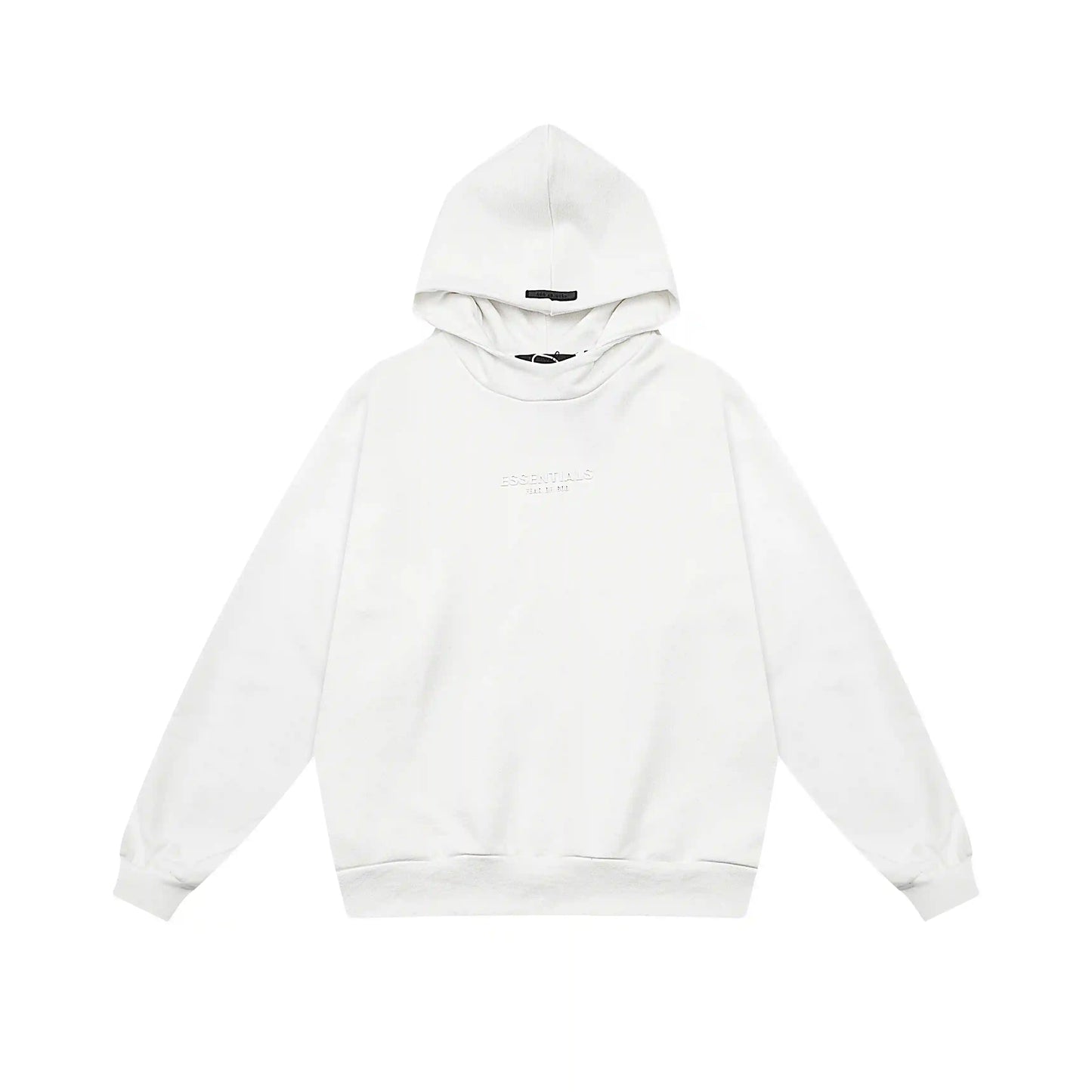 Eggshell Essentials hoodie center front rubberized black bar branding detail