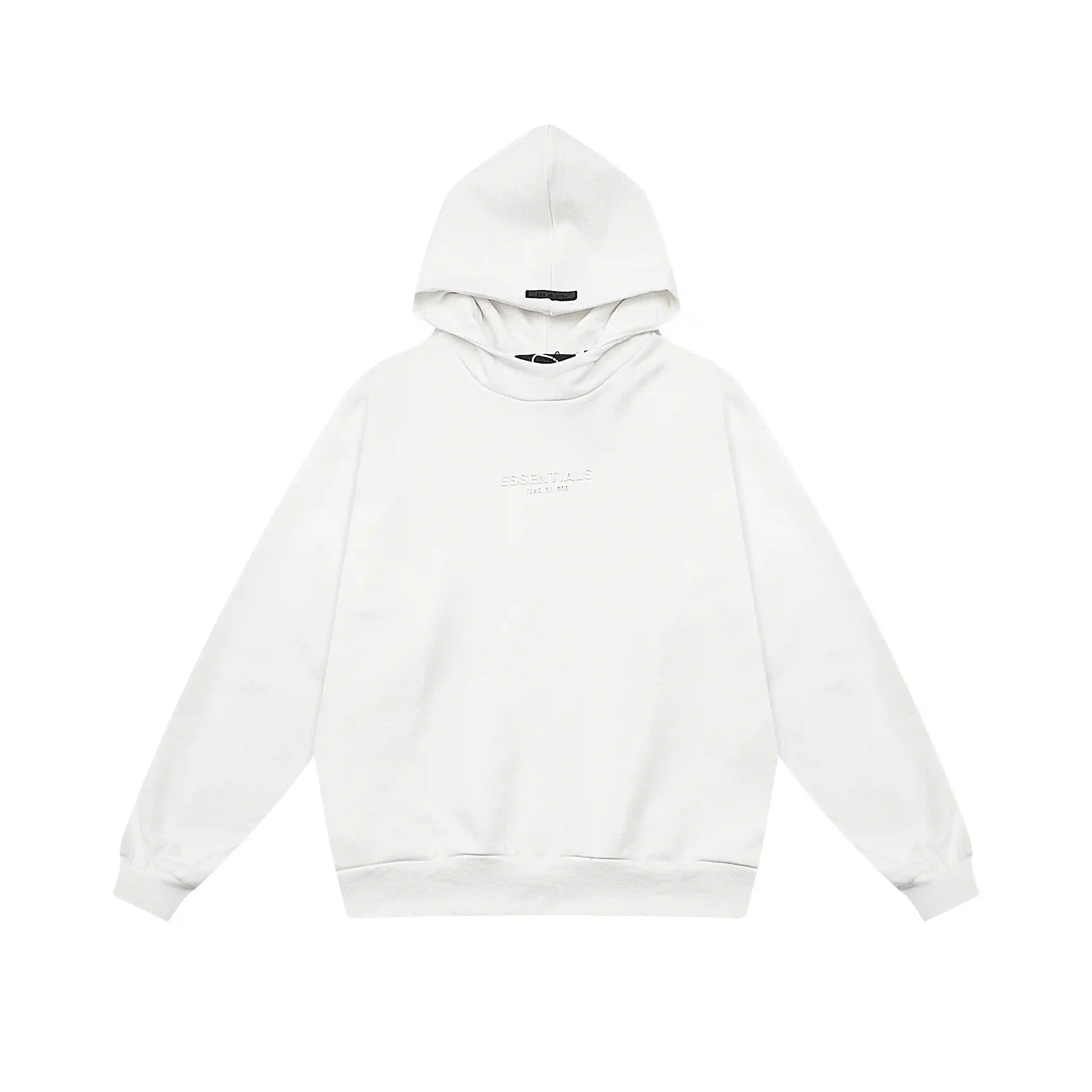 Eggshell Essentials hoodie center front rubberized black bar branding detail