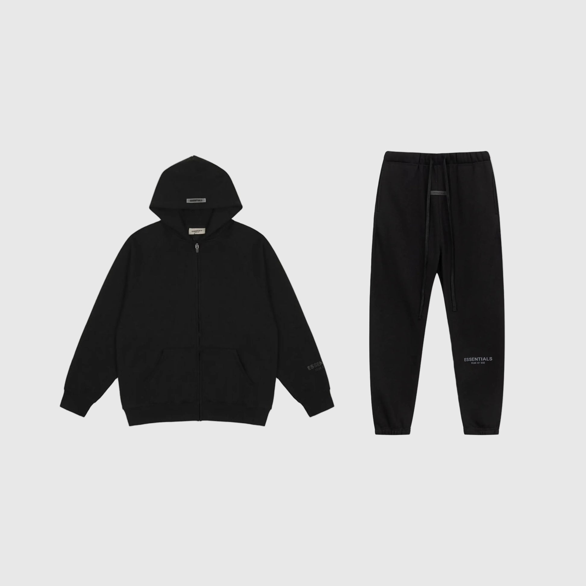 Fear of God Essentials black tracksuit set front view zip hoodie and joggers