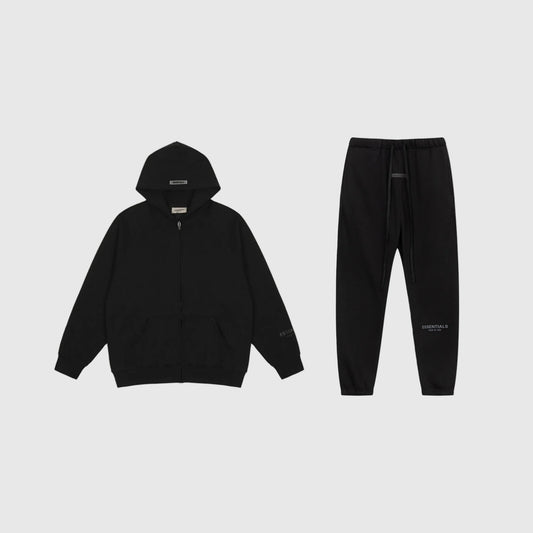 Fear of God Essentials black tracksuit set front view zip hoodie and joggers