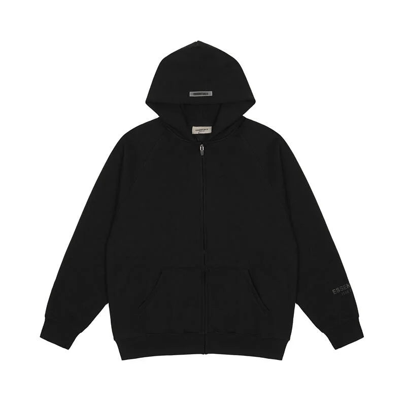 Black Essentials zip hoodie center front rubberized black bar branding detail