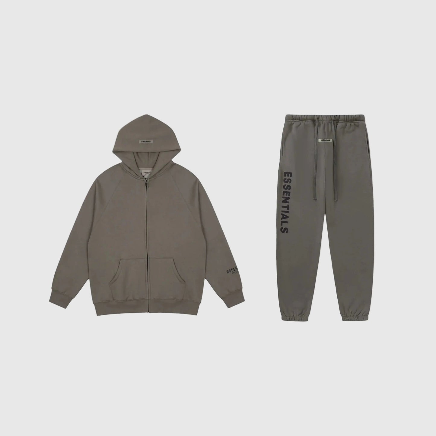 Fear of God Essentials grey tracksuit front view zip hoodie and joggers