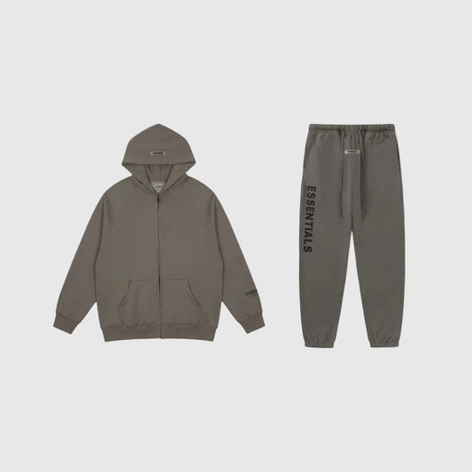 Fear of God Essentials grey tracksuit front view zip hoodie and joggers
