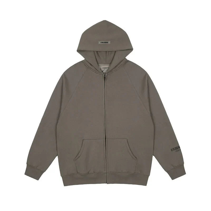 Grey Essentials zip hoodie center front rubberized black bar branding detail