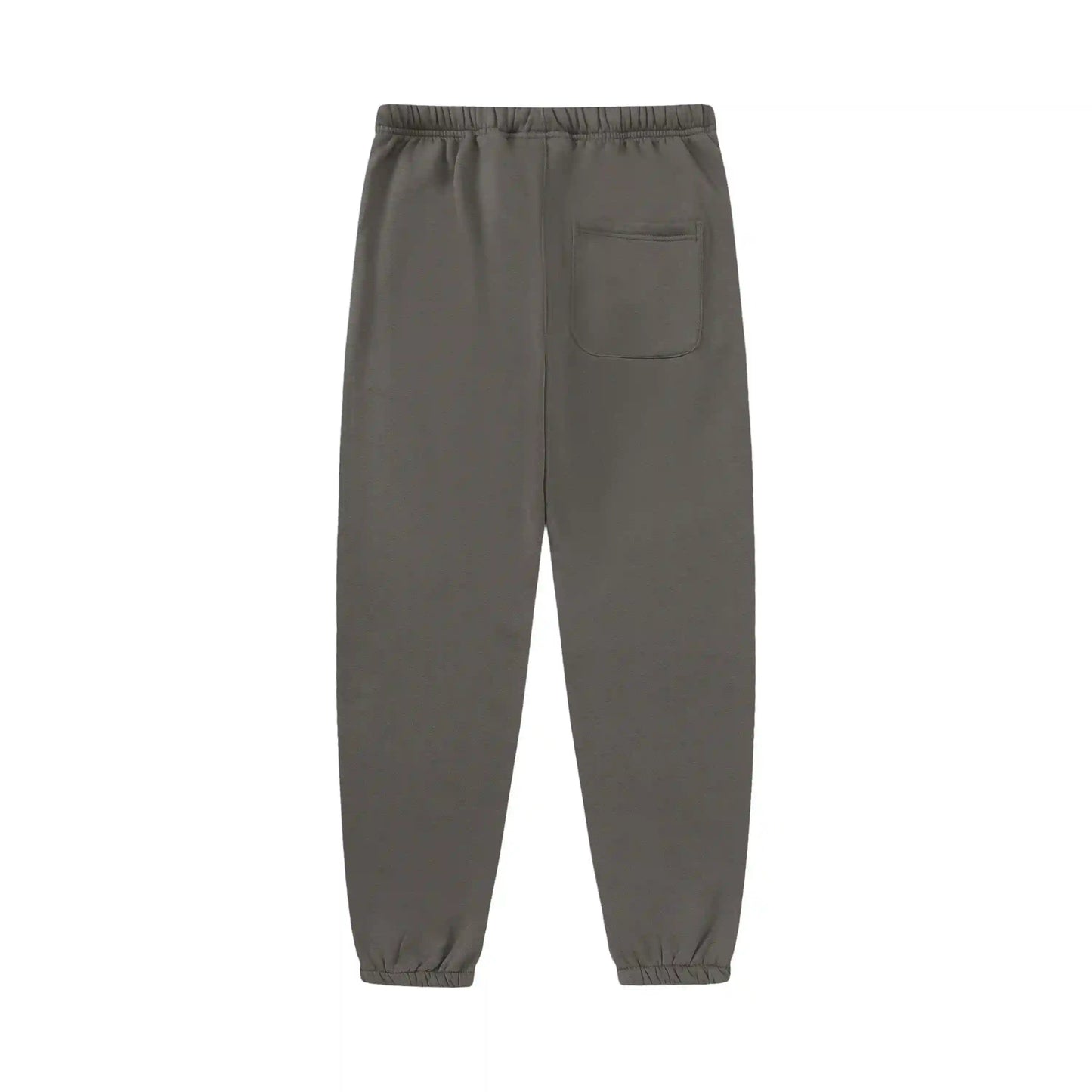 Grey Essentials joggers soft-touch rubberized logo on leg close-up