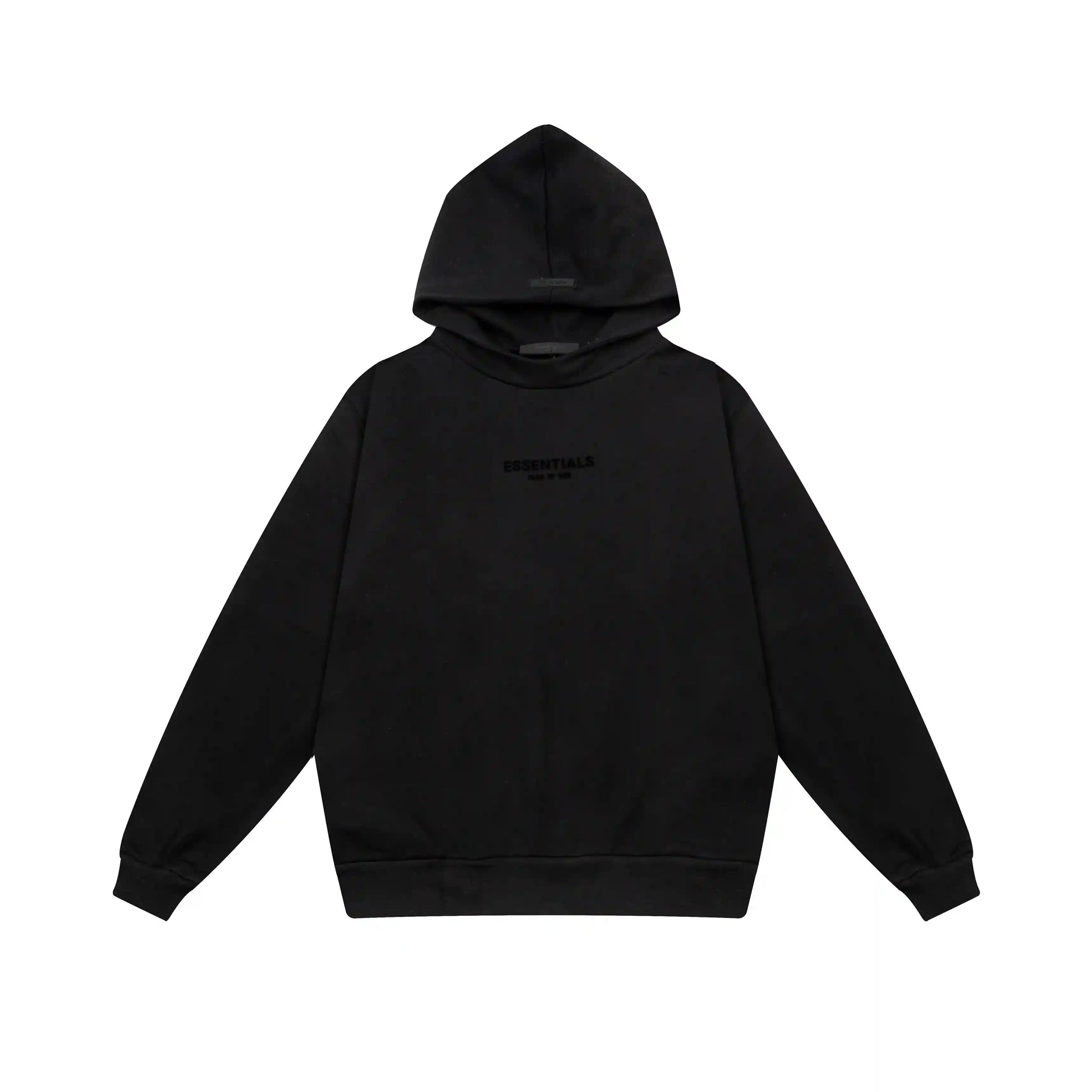 Black Essentials hoodie center front rubberized black bar branding detail