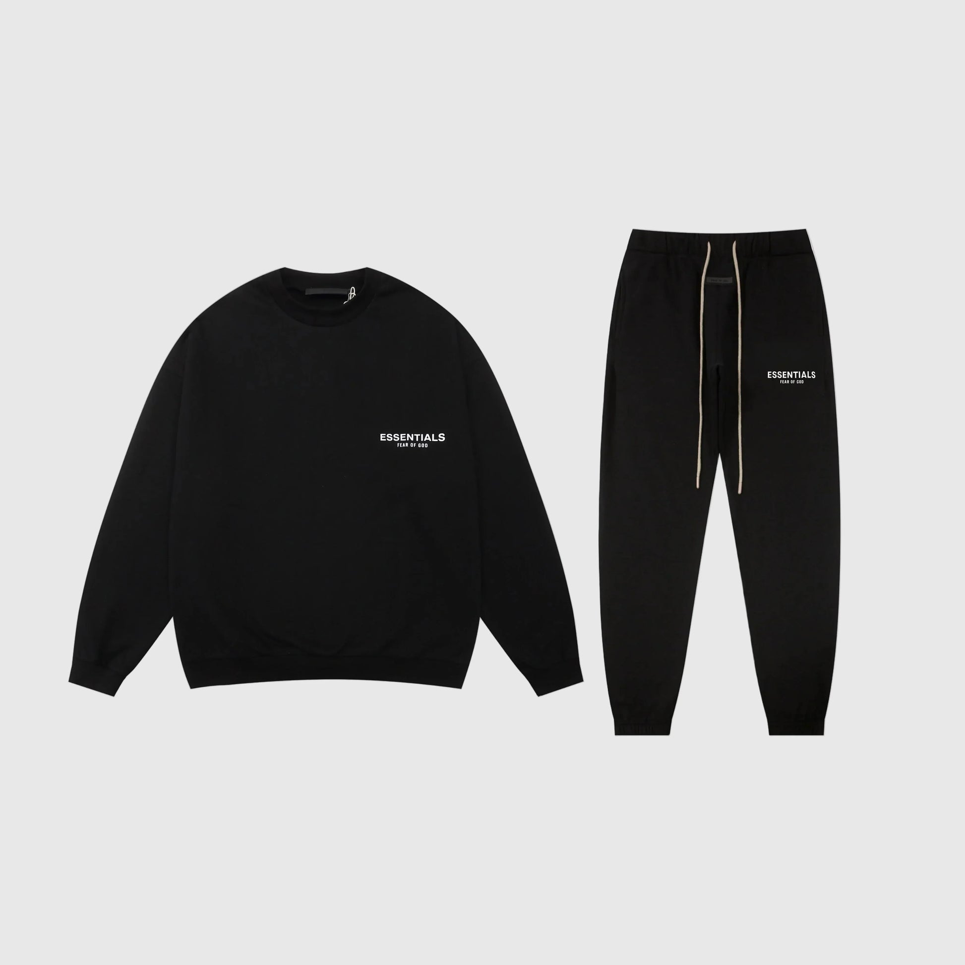Fear of God Essentials black tracksuit set front view crewneck and joggers