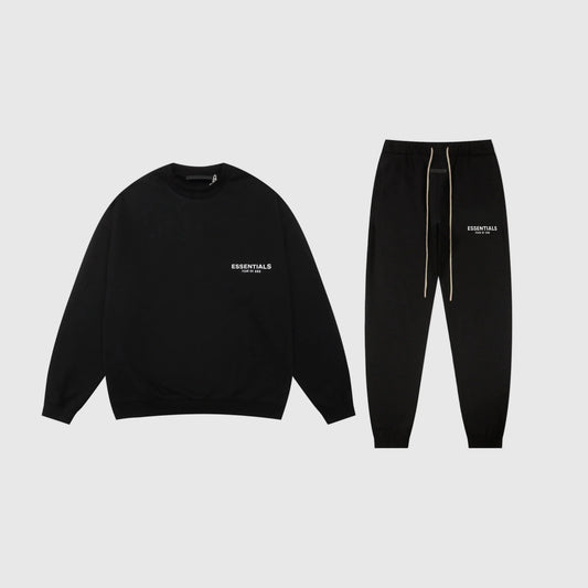 Fear of God Essentials black tracksuit set front view crewneck and joggers