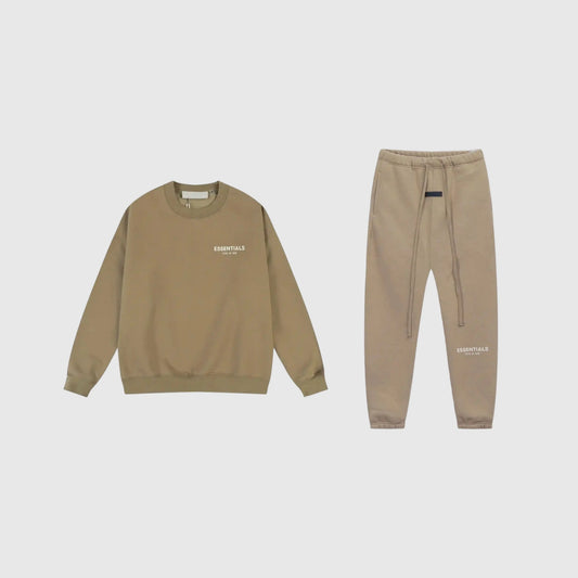 Fear of God Essentials dark beige tracksuit front view crewneck and joggers