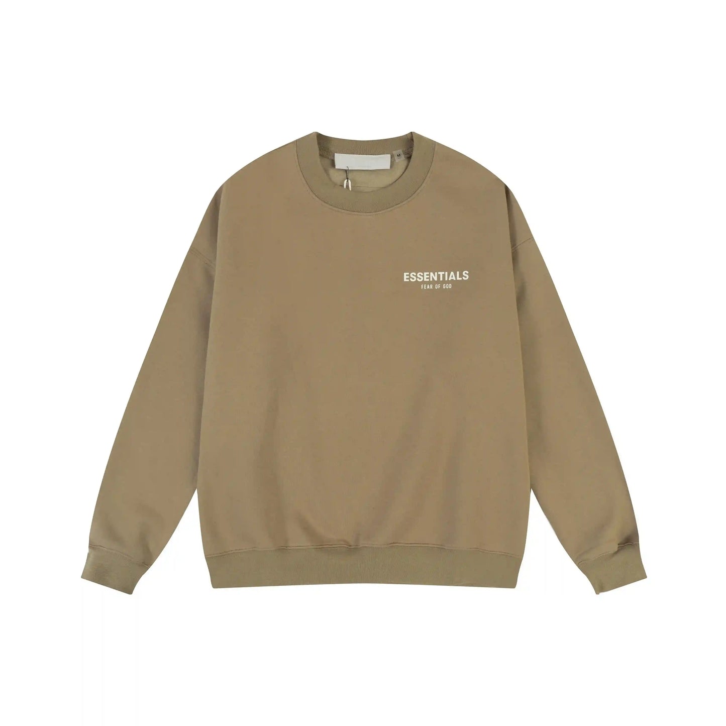 Dark beige Essentials crewneck center front rubberized black bar branding detail