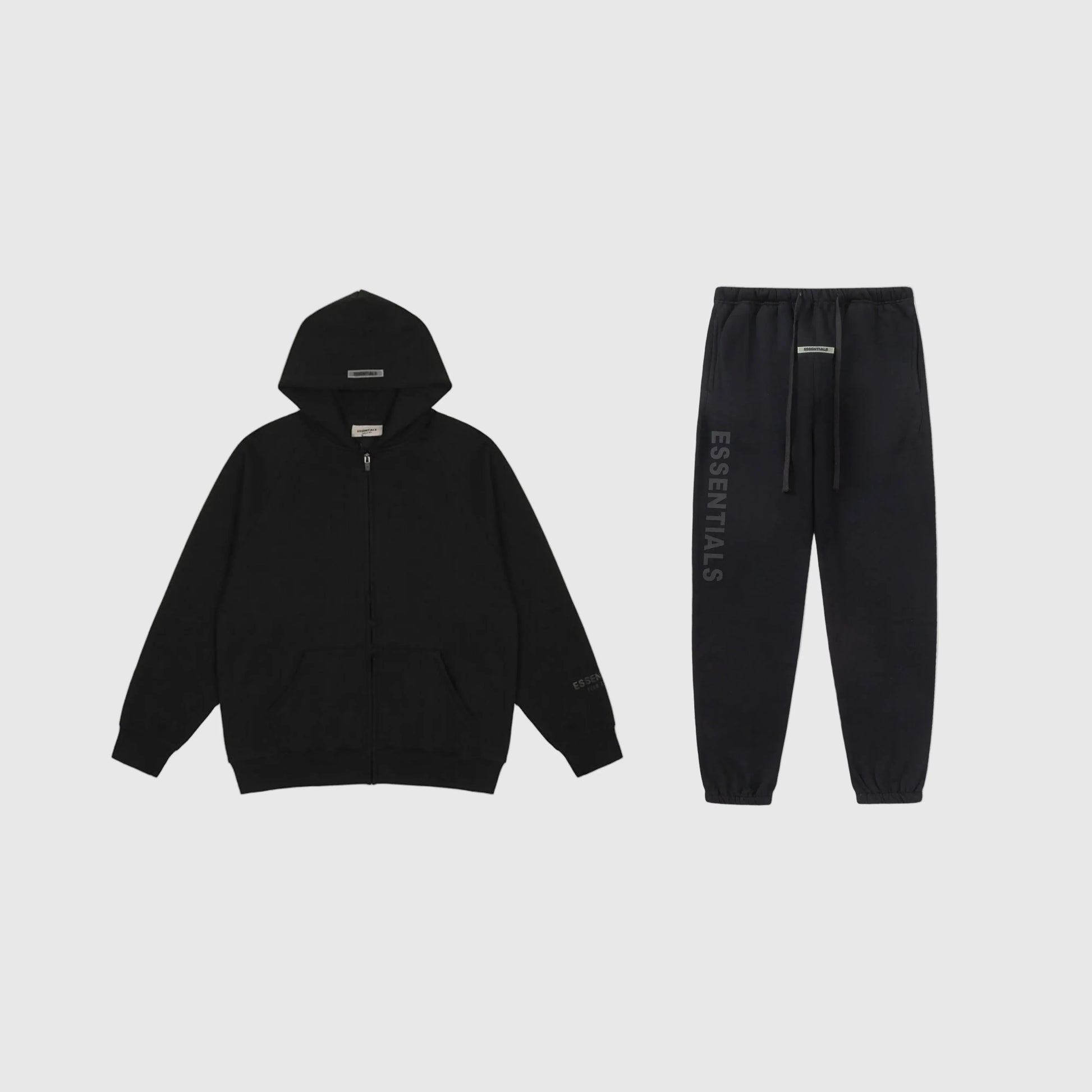 Fear of God Essentials black tracksuit set front view zip hoodie and joggers