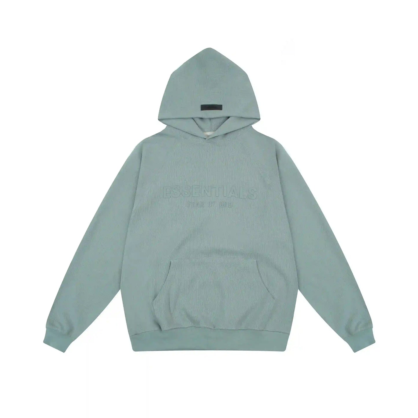 Dawn Essentials hoodie center front rubberized black bar branding detail