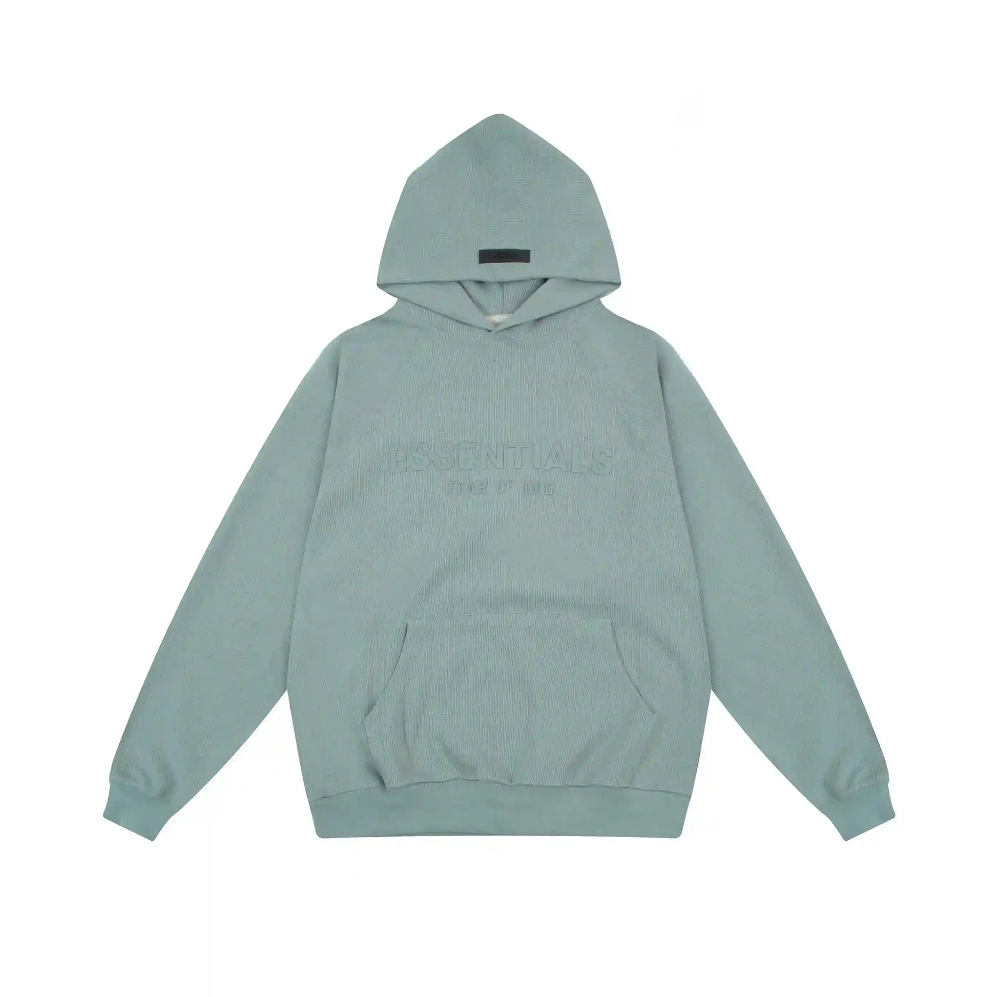 Dawn Essentials hoodie center front rubberized black bar branding detail