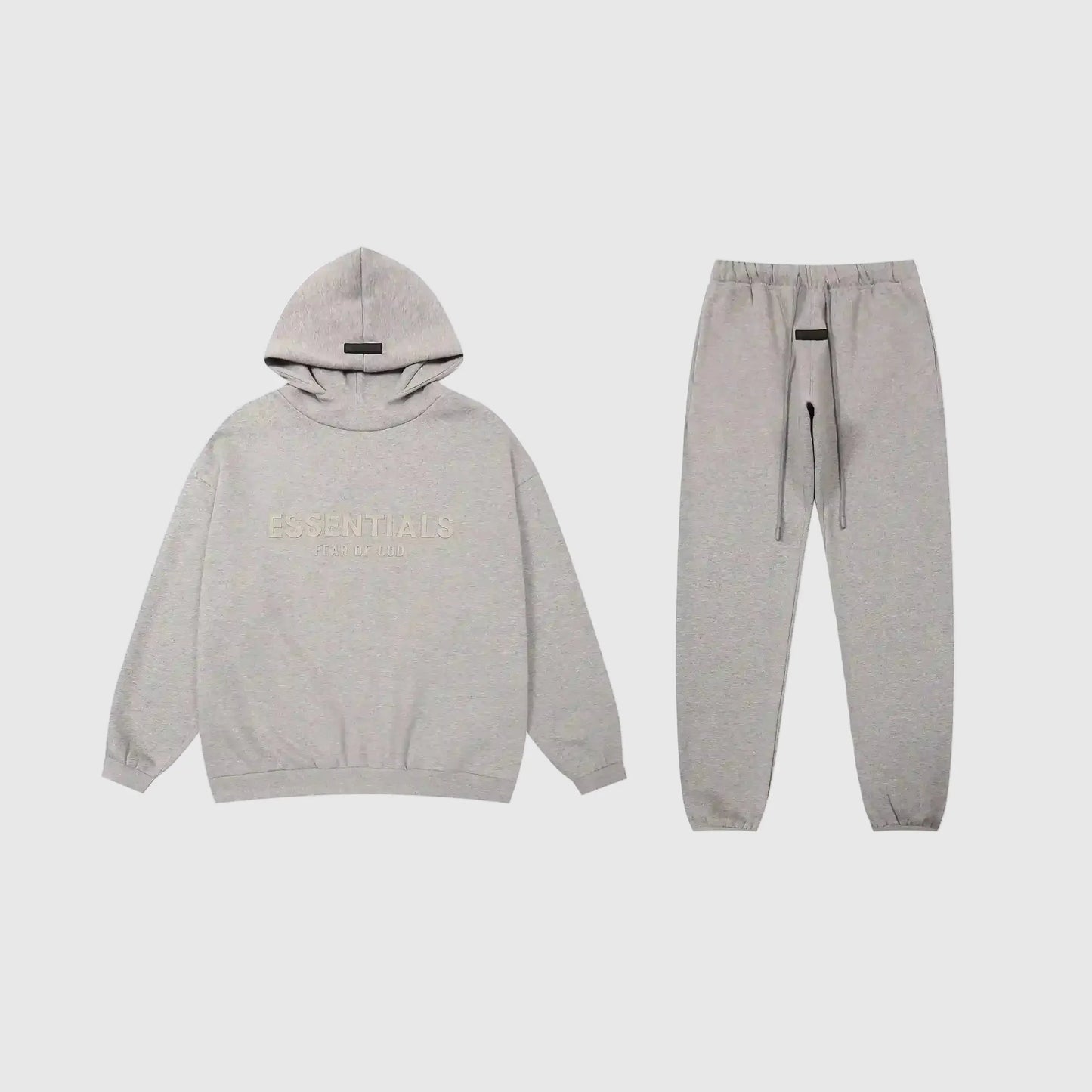 Fear of God Essentials dark heather oatmeal tracksuit front view hoodie and joggers
