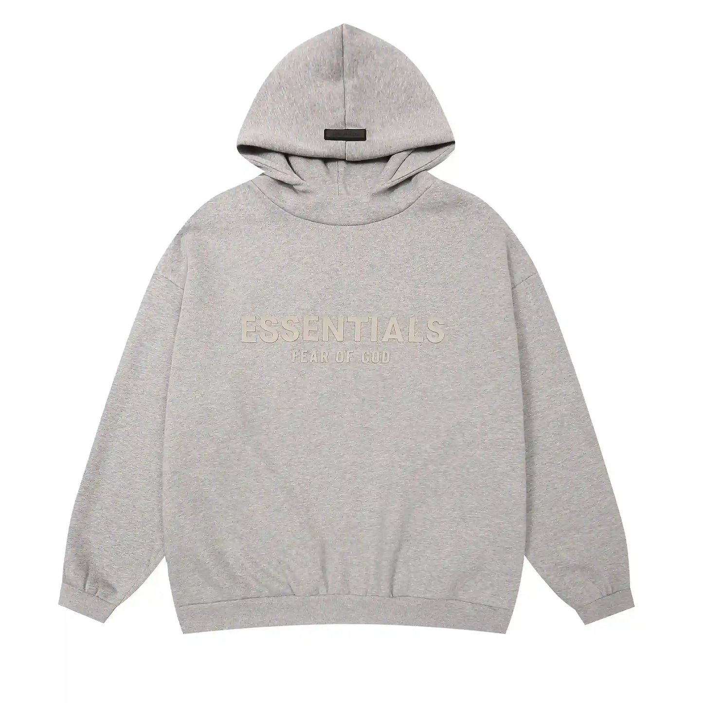 Dark heather oatmeal Essentials hoodie center front rubberized black bar branding detail