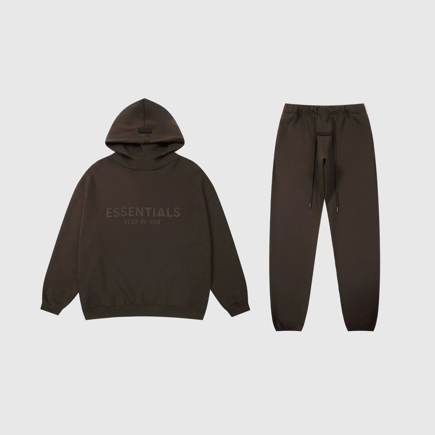 Fear of God Essentials english walnut tracksuit front view hoodie and joggers