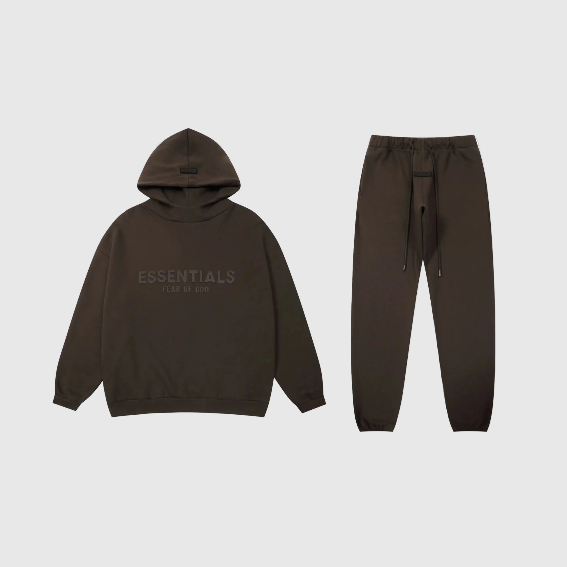 Fear of God Essentials english walnut tracksuit front view hoodie and joggers
