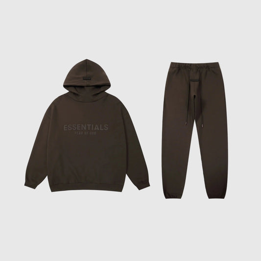 Fear of God Essentials english walnut tracksuit front view hoodie and joggers