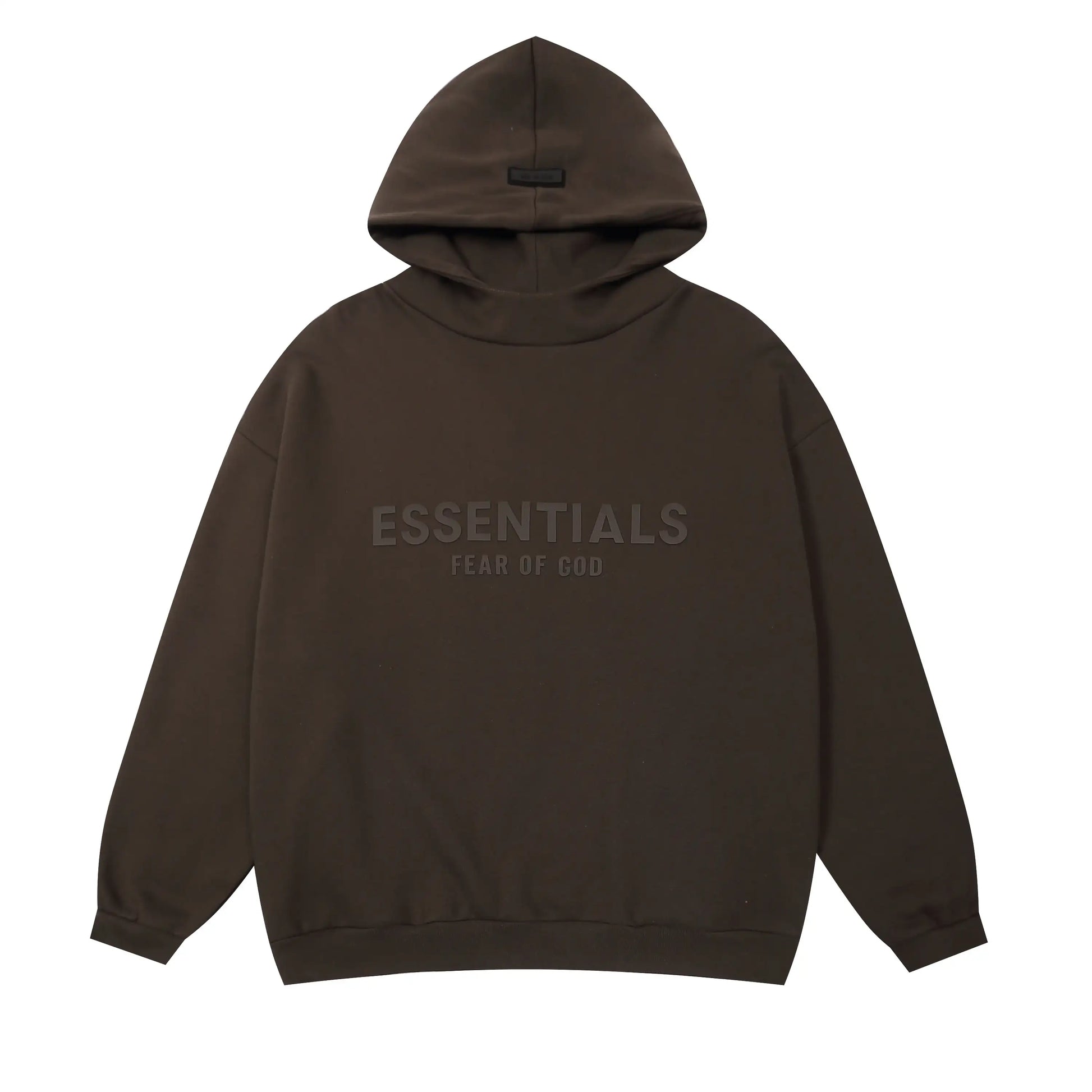 English walnut Essentials hoodie center front rubberized black bar branding detail