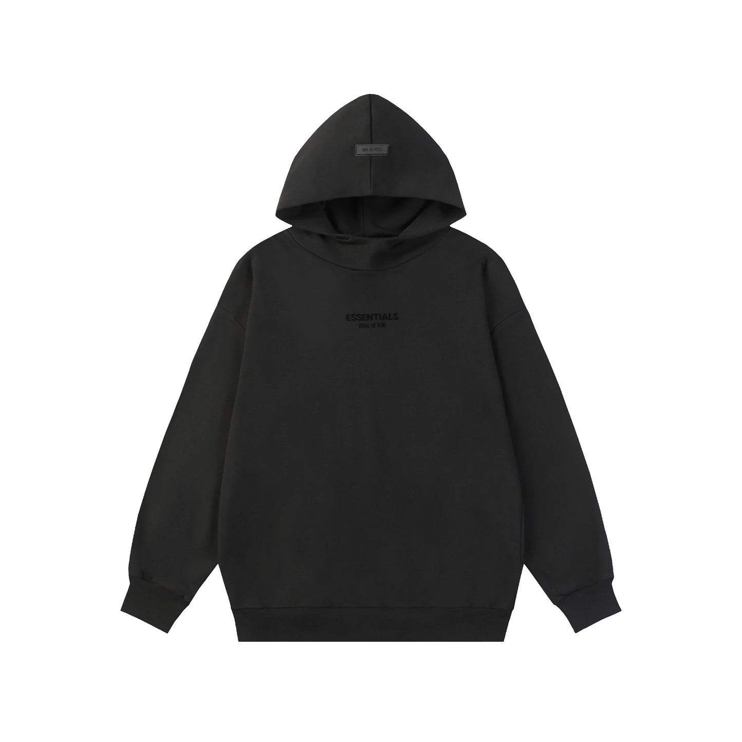 Black Essentials hoodie front view rubberized black bar branding detail