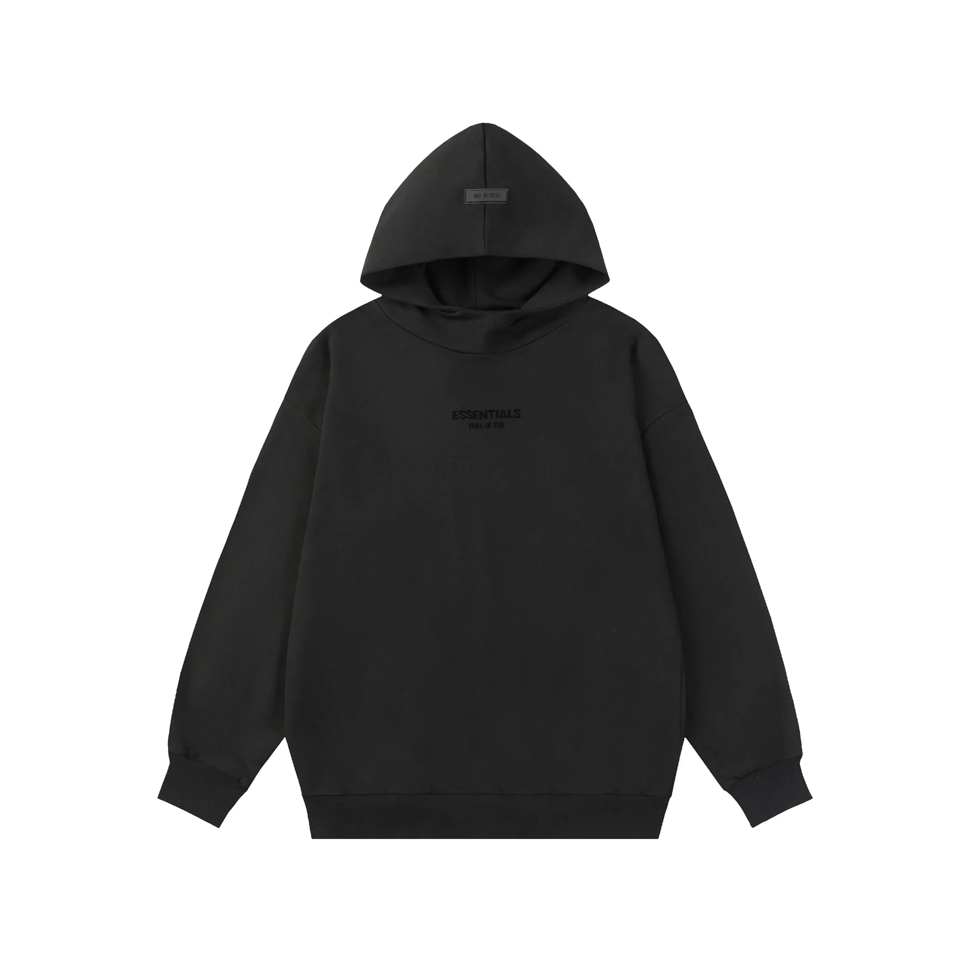 Black Essentials hoodie front view rubberized black bar branding detail