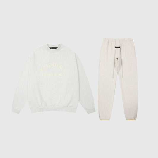 Fear of God Essentials cloud dance tracksuit front view crewneck and joggers