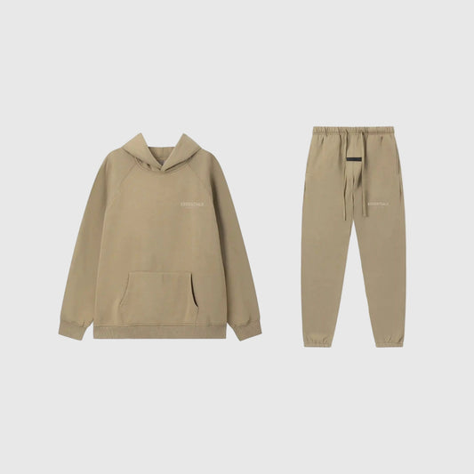 Fear of God Essentials dark beige tracksuit front view hoodie and joggers