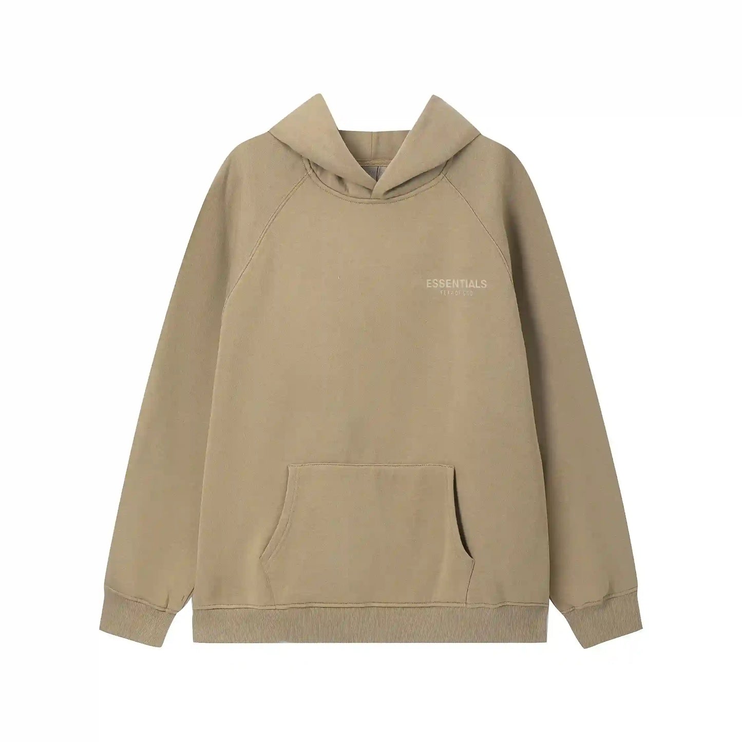 Dark beige Essentials hoodie center front rubberized black bar branding detail