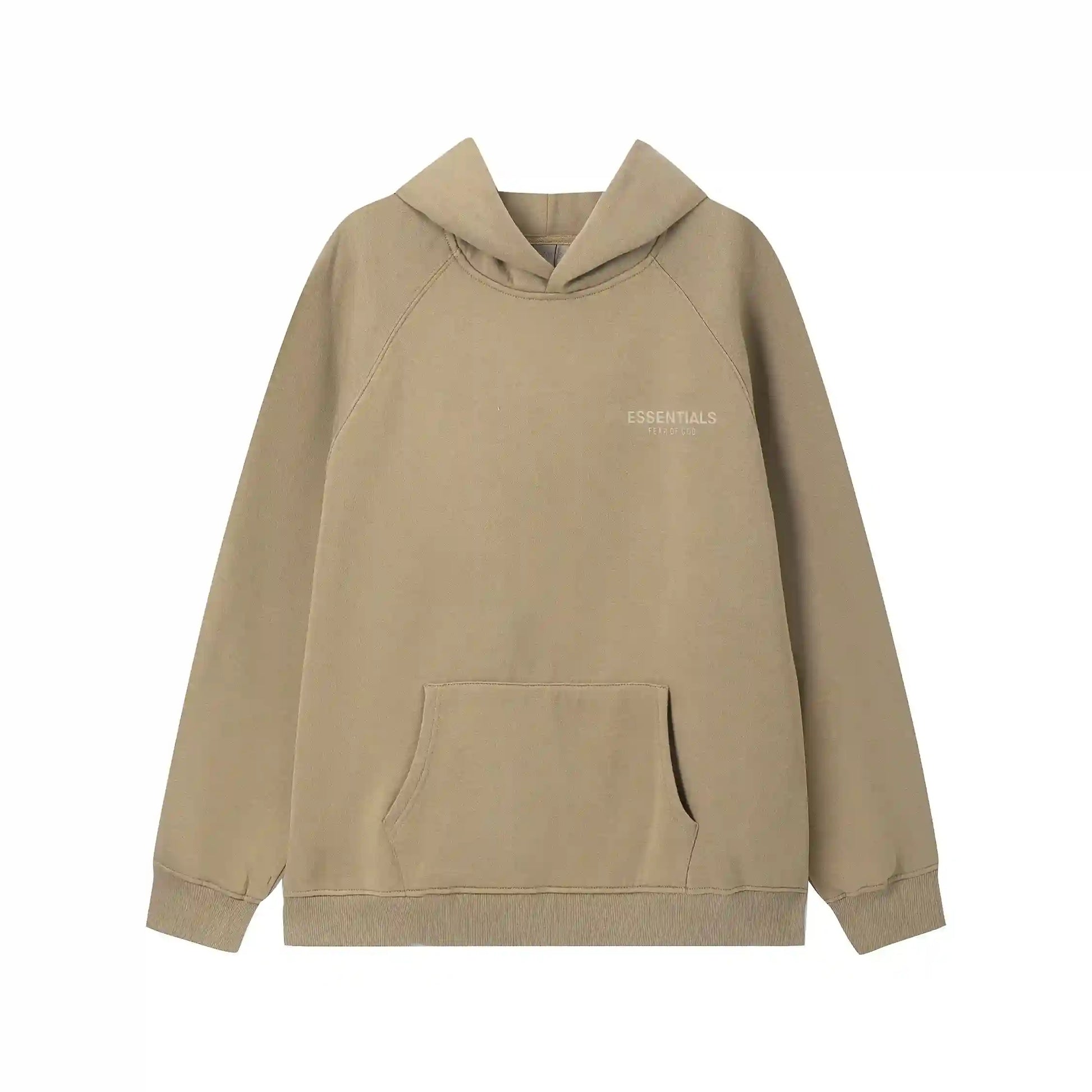 Dark beige Essentials hoodie center front rubberized black bar branding detail