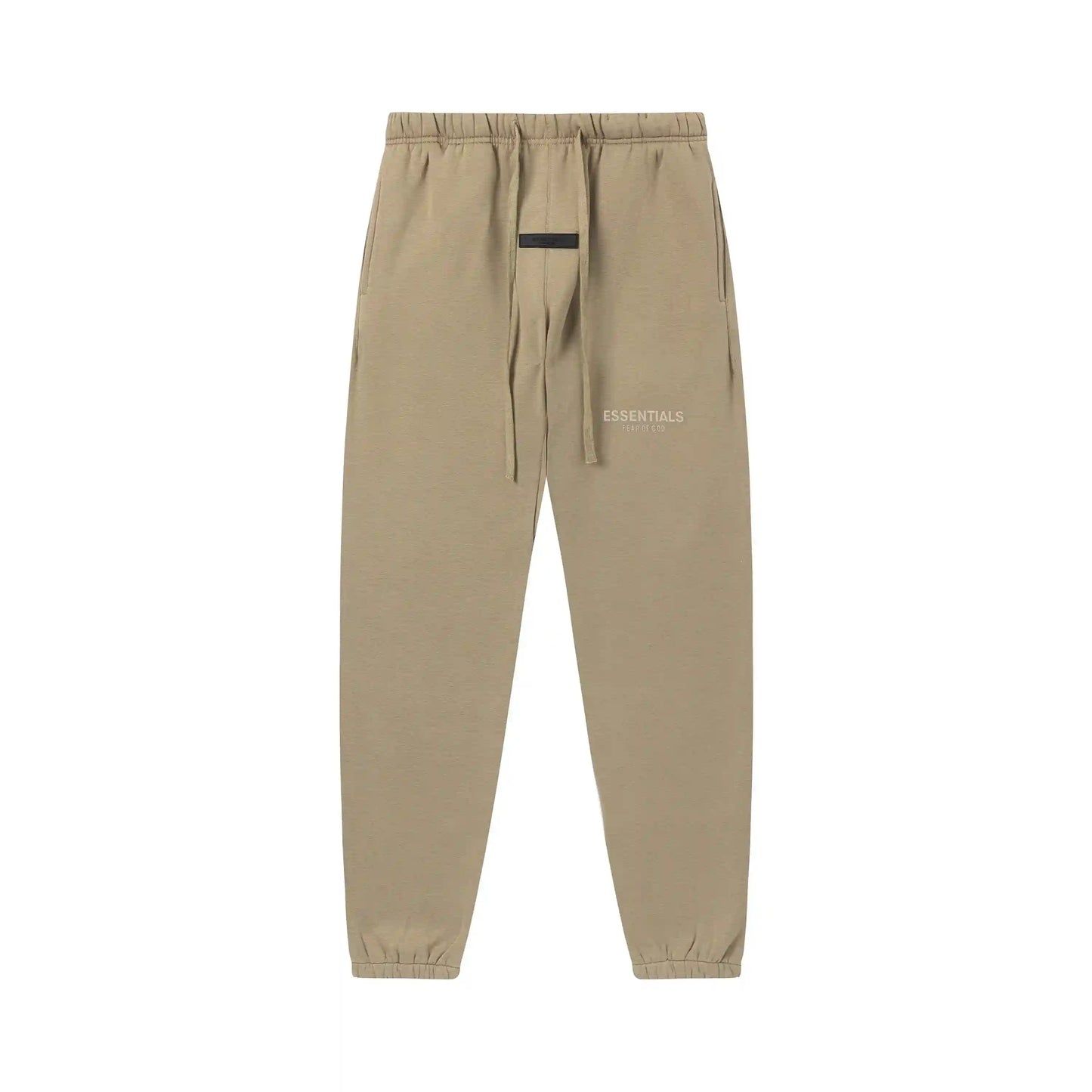 Dark beige Essentials joggers soft-touch rubberized logo on leg close-up