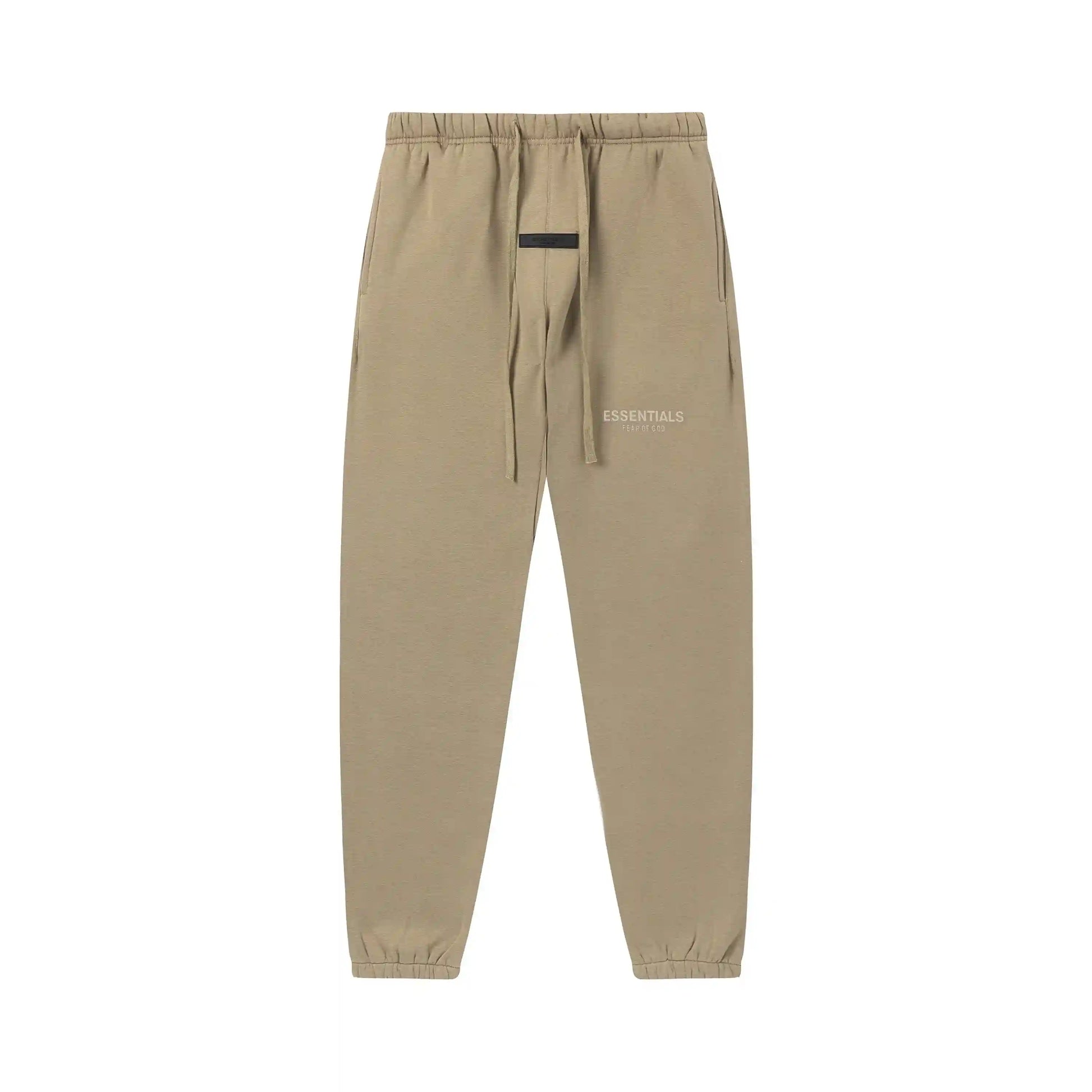 Dark beige Essentials joggers soft-touch rubberized logo on leg close-up