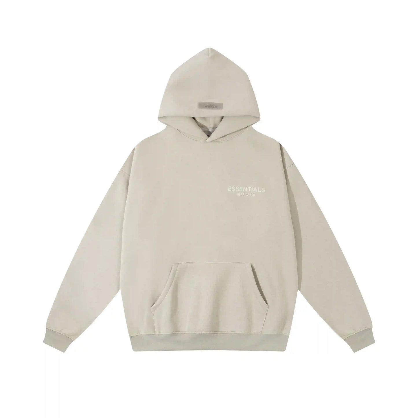 Essentials Light Heather Oatmeal hoodie set branding detail close-up