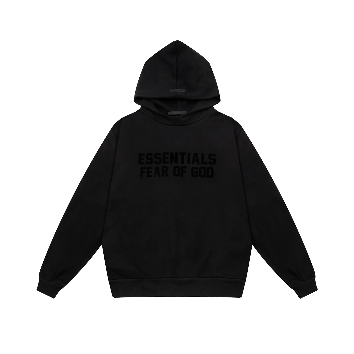 Essentials Black hoodie set branding detail close-up