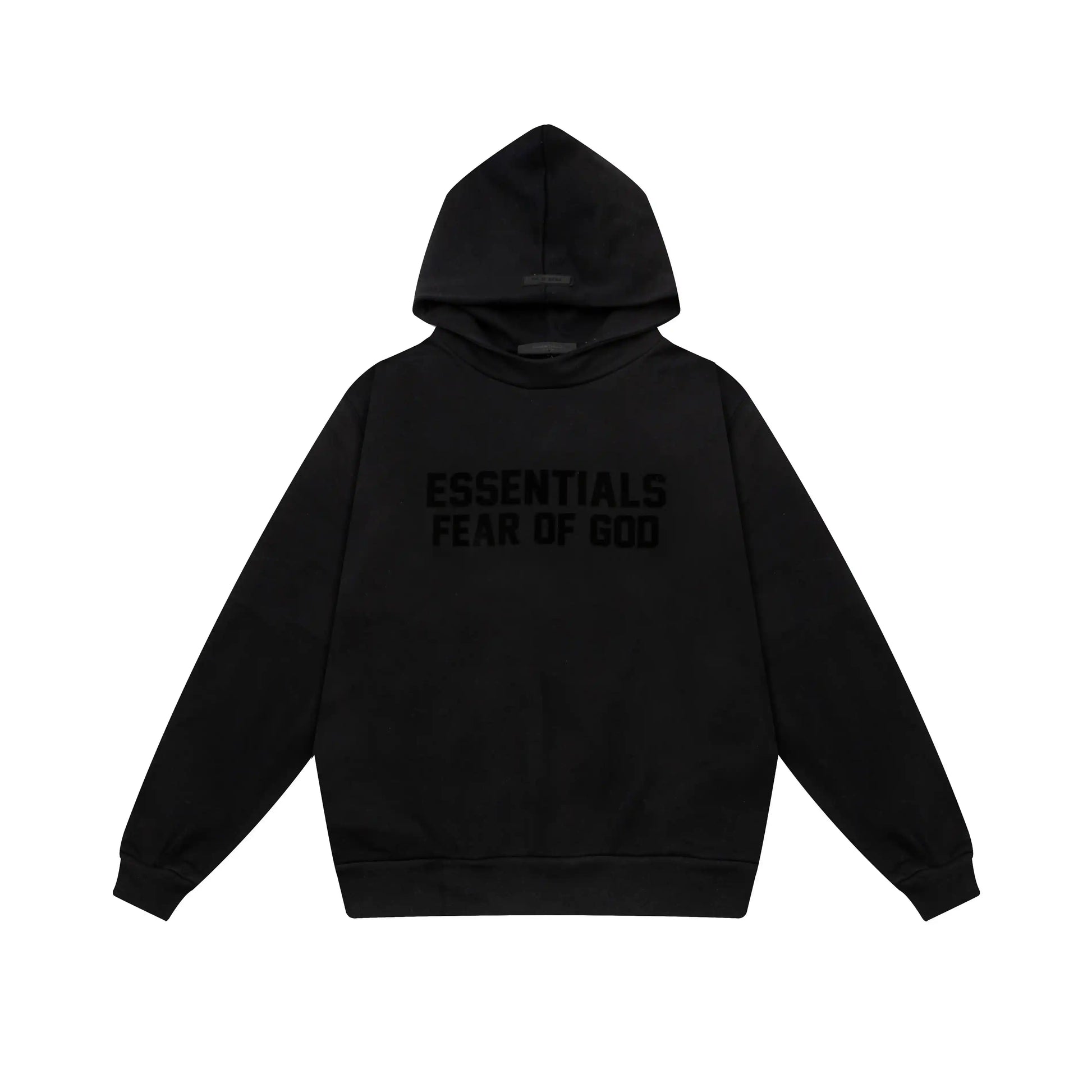 Essentials Black hoodie set branding detail close-up