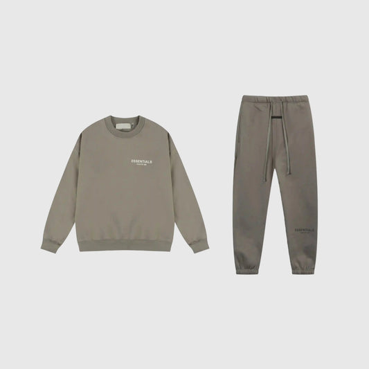 Fear of God Essentials grey tracksuit front view crewneck and joggers