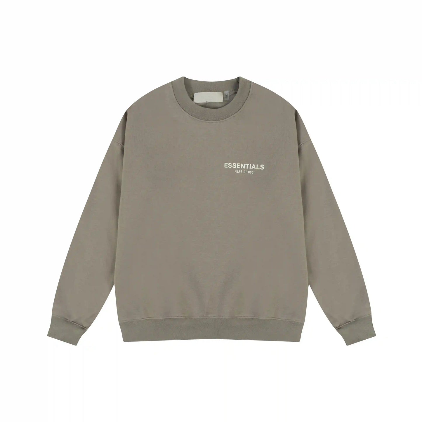 Grey Essentials crewneck center front rubberized black bar branding detail