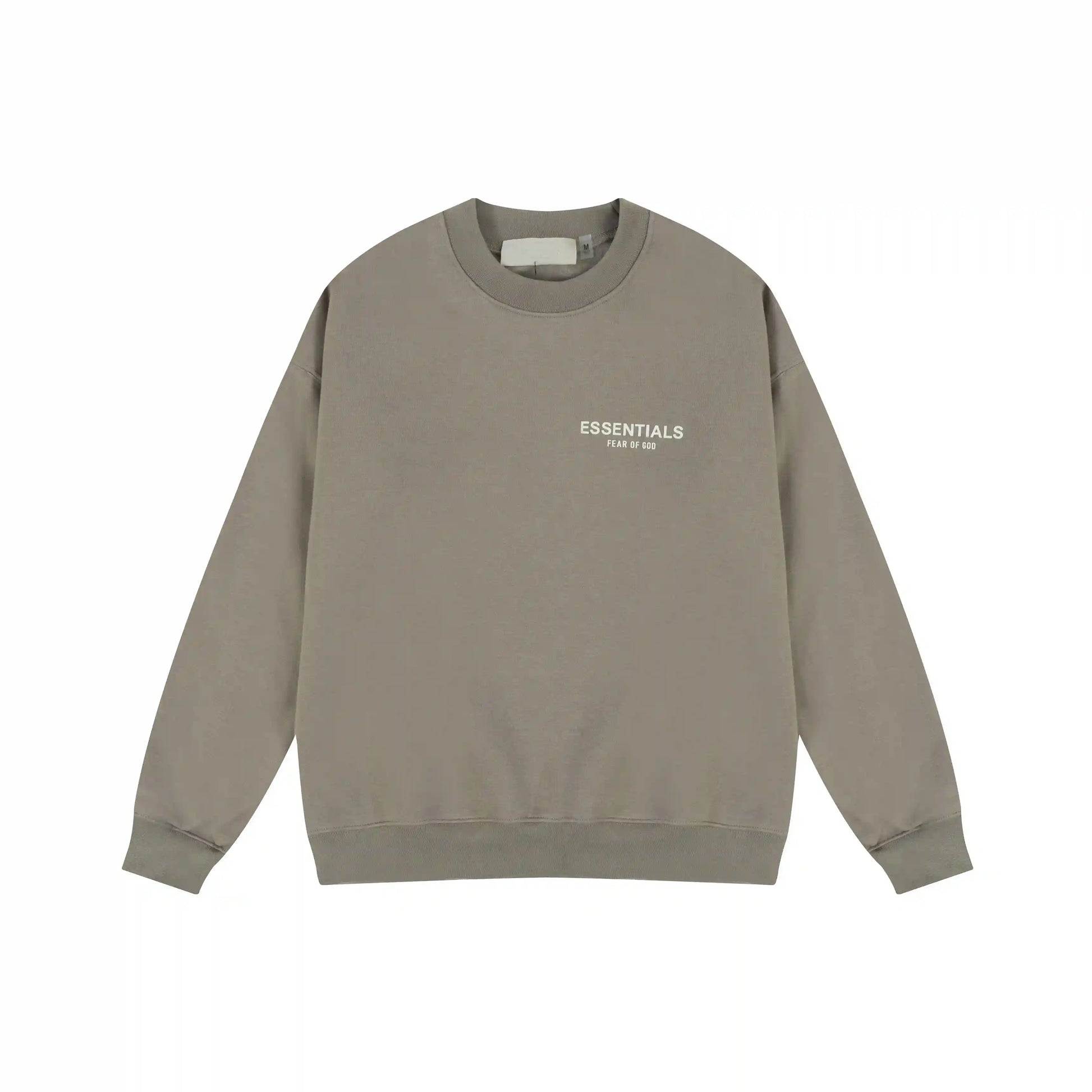 Grey Essentials crewneck center front rubberized black bar branding detail