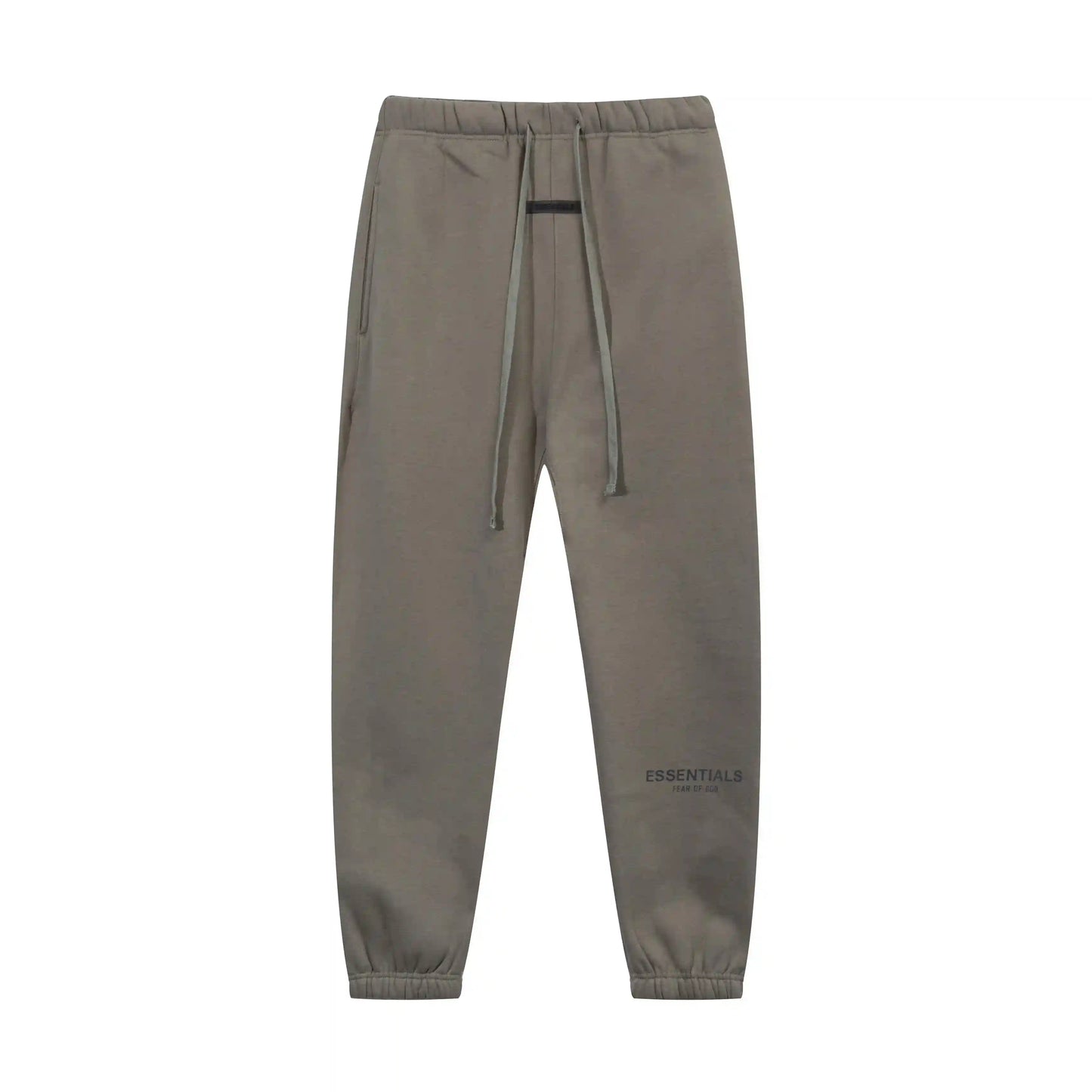 Grey Essentials joggers soft-touch rubberized logo on leg close-up
